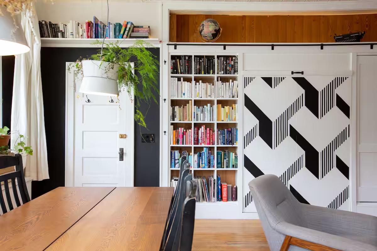 The Storefront — graphic bookshelf wall and patterned interior